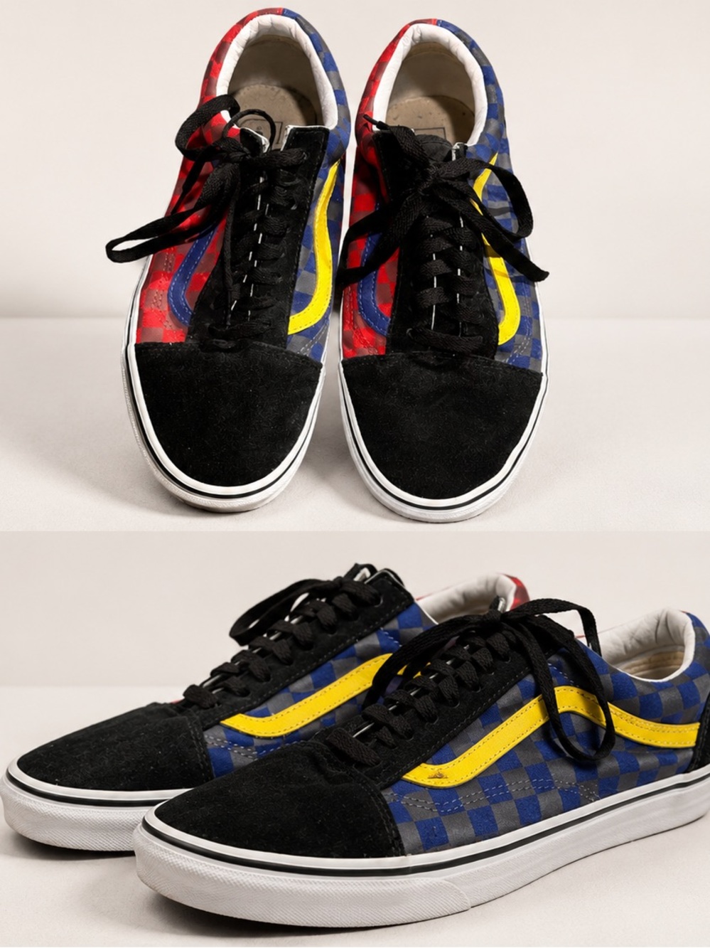 Custom Vans Old Skool Red Blue Yellow Checkerboard Sneakers